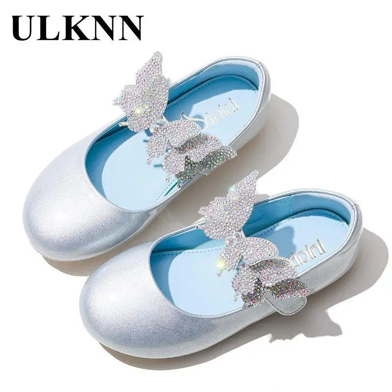 Zapatos planos de mariposa azul con diamantes de imitación para niños y niñas, zapatillas femeninas de princesa, suela blanda, cómodos, 2022