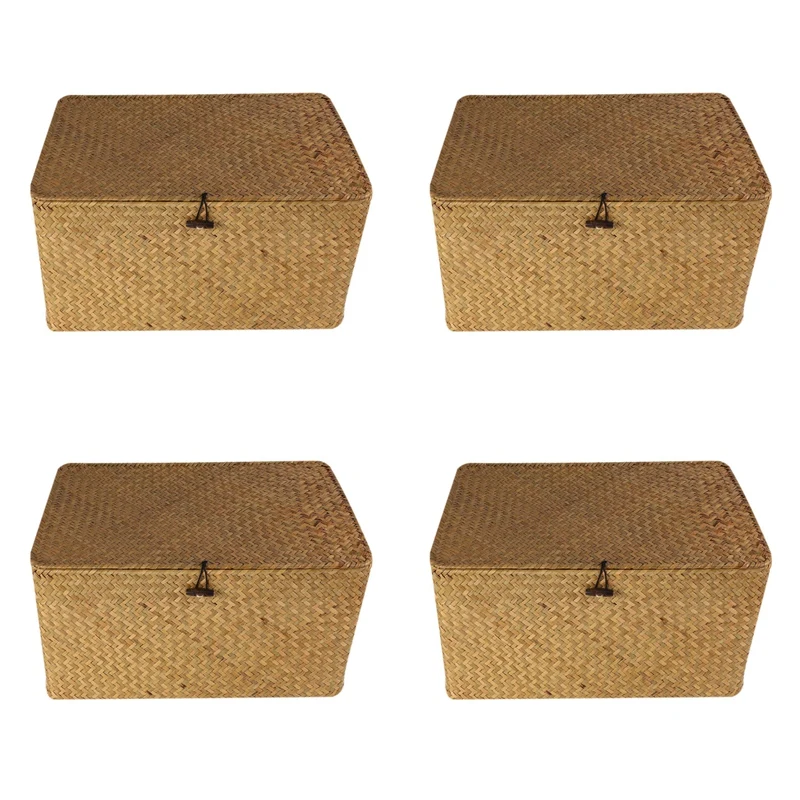 

4X Handmade Straw Woven Storage Basket With Lid Makeup Storage Box Seagrass Laundry Baskets Rattan Jewelry Box(L)