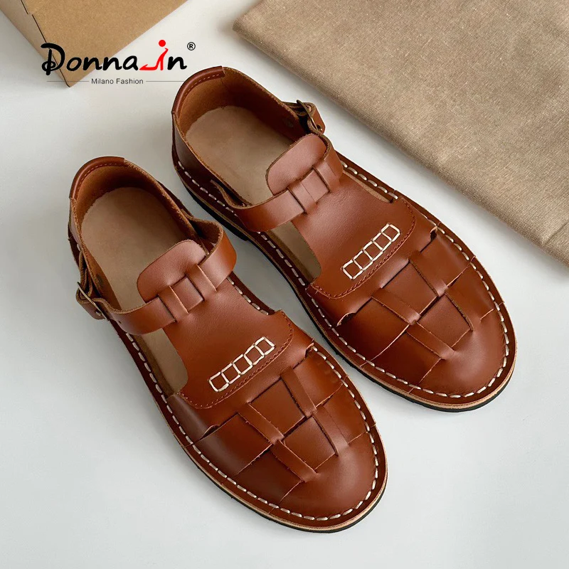 

Donna-in/сезон лето-осень; Женские плетеные сандалии; Обувь на плоской подошве с пряжкой в римском стиле; Женская обувь ручной работы из телячьей кожи; Высокое качество