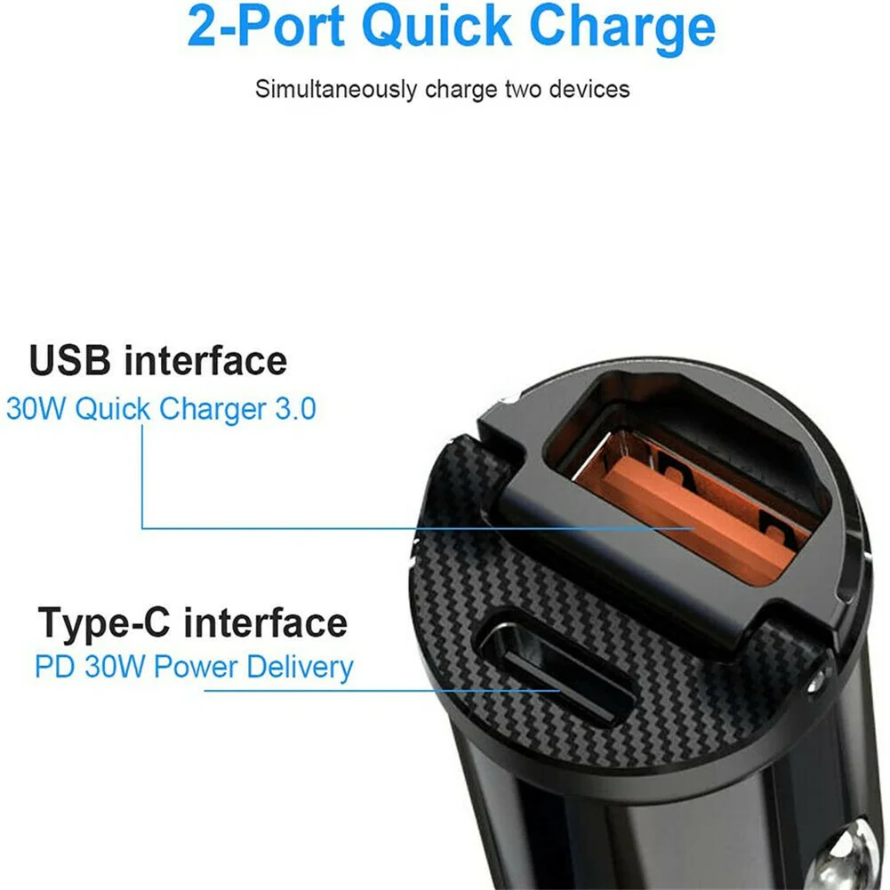 

1x Dual USB 30W Car Phone Charger PD&QC 3.0 Fast Charging Type-C Adapter For Phone Thumb-size Multiple Safety Anti-over-current