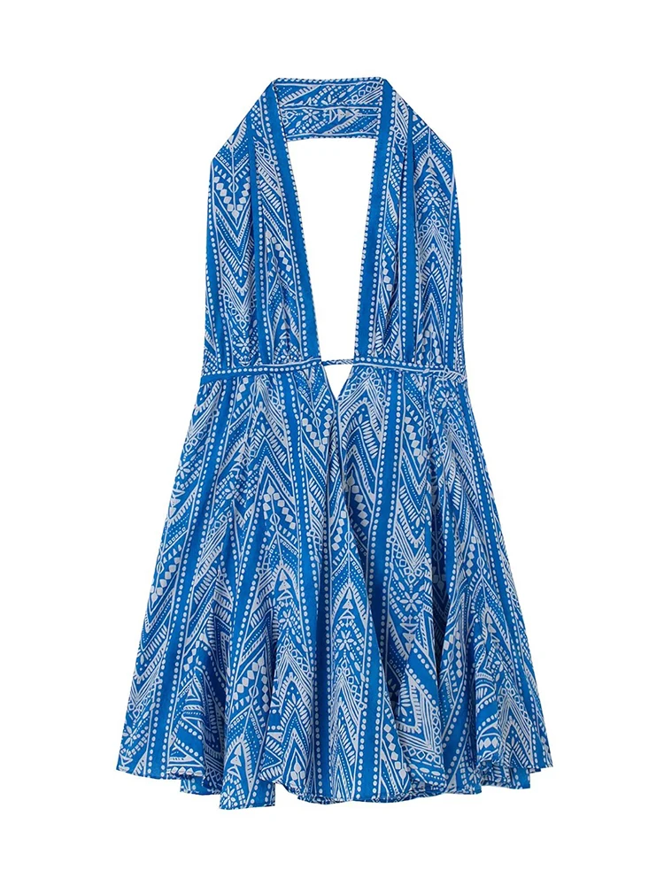 

Summer Women Fashion Printing Sexy Backless Halter Dress Sleeveless Female Holiday Beach Dress Short Vestido