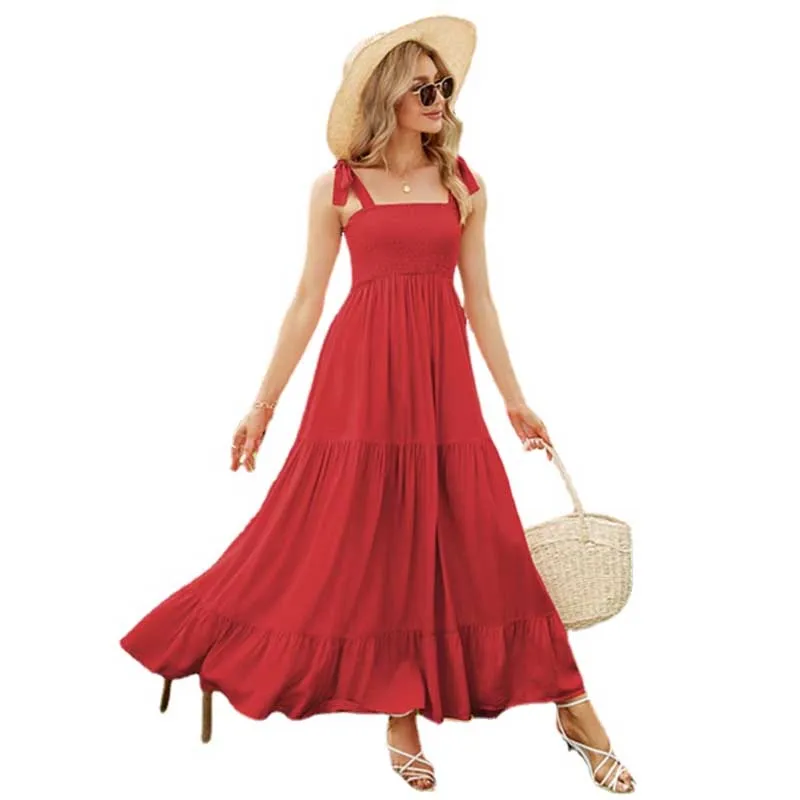 

Women's Solid Color Large Hem Ruffle Skirt Straps Bow Halter Dress