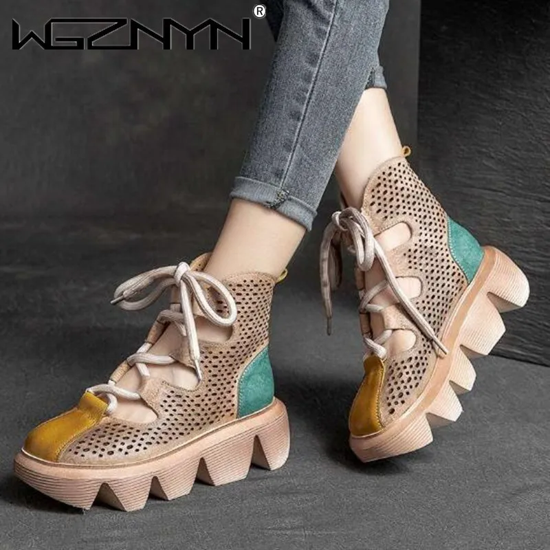 

Женские сандалии с проницаемостью на толстой подошве, ботильоны в римском стиле с кожаным сращением, дизайнерские полусапожки с дырками дл...