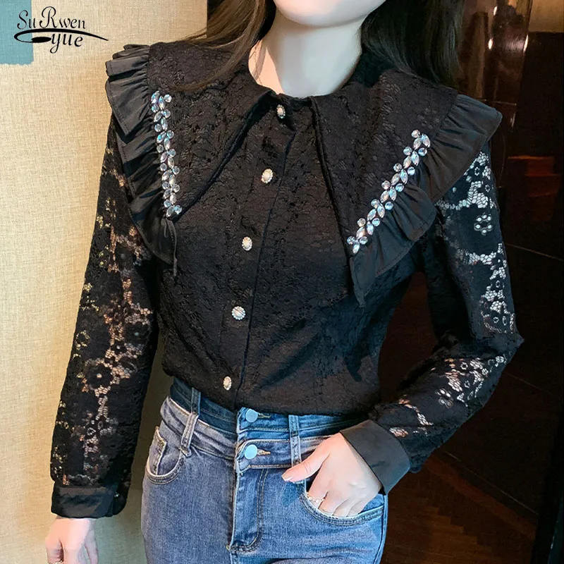 

2023 Spring Ruffle Beaded Shirt Fashion Polo Collar Tops Elegant Hollow Puff Long Sleeve Button Lace Blouse Casual Clothes 19311