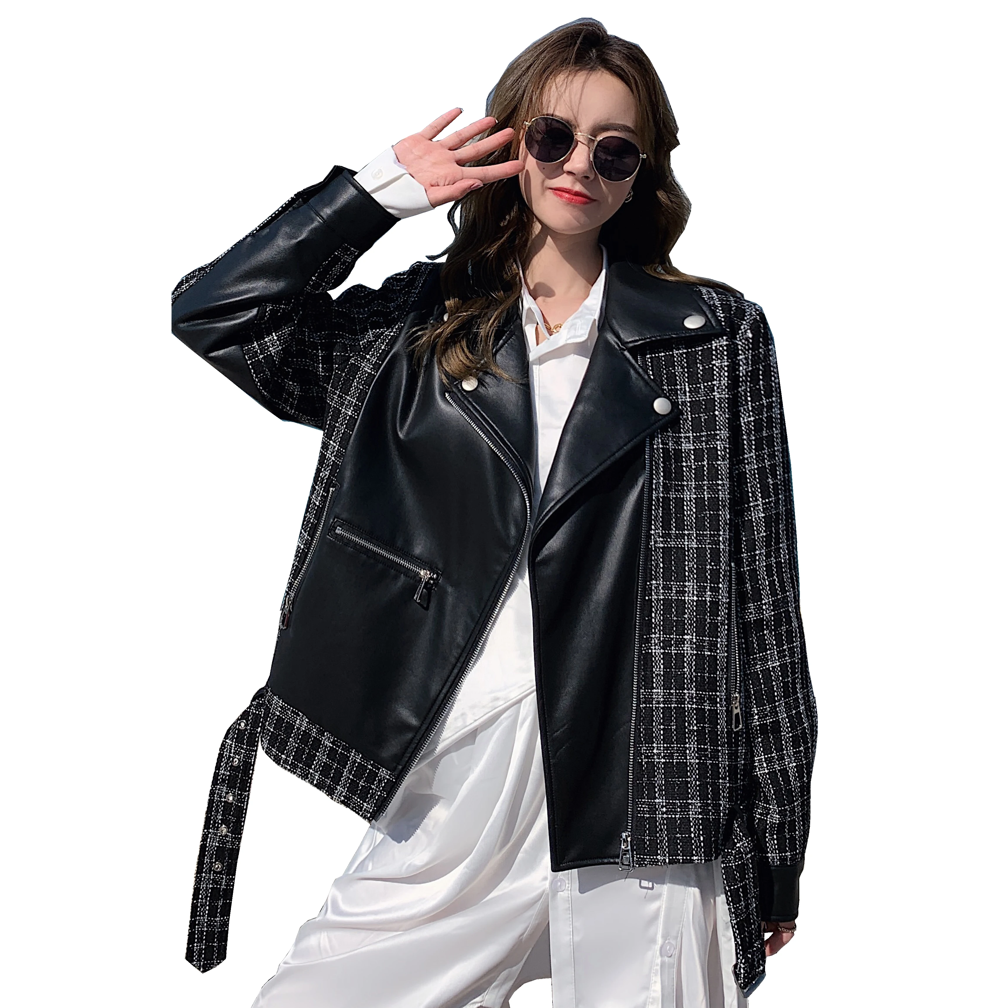 Enlarge Fashion Splice Leather Jacket Women Adjustable Waistband Light Lapel Pu Coat Lady Cool Zip Streetwear Female Luxury Outwear