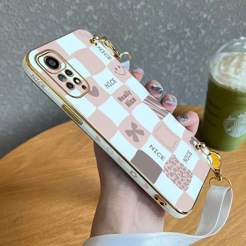 

Elegant Plaid Bow Lanyard Plating Phone Case For Xiaomi Redmi Note 11 Pro Plus 10 Pro 12 9S 12Pro Plus 11 11S 8 Pro Cover