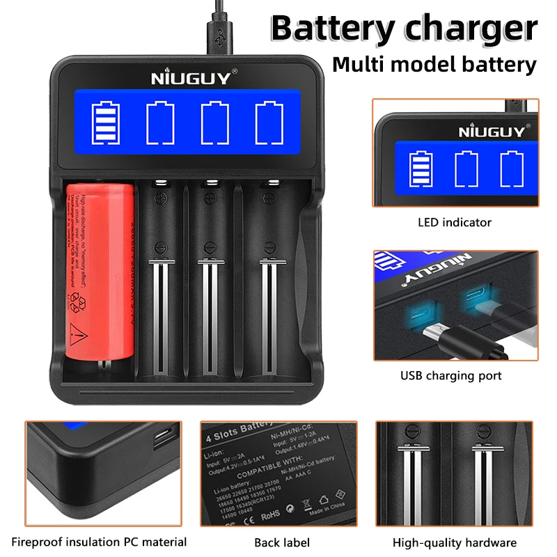

18650 battery Charger Lcd display Intelligent Circuitry USB type-c for 26650 21700 18350 16340 AA AAA C lithium NiMH battery