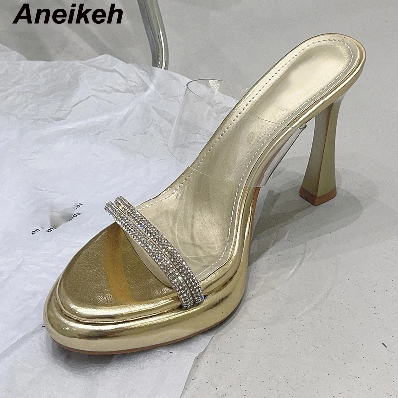 

Aneikeh Shiny Crystal Mixed Colors PVC Thick Sole High Heel Sandals 2024 Fashion Women Open Toe Hoes Wedding Dress 34-39