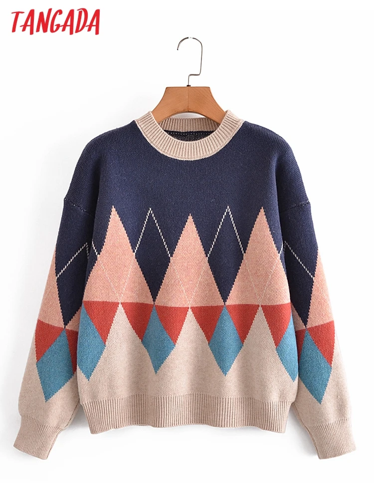 

Tangada Women 2022 Vintage Geometry Knitted Sweater jumper O Neck Female Oversize Pullovers 2L04