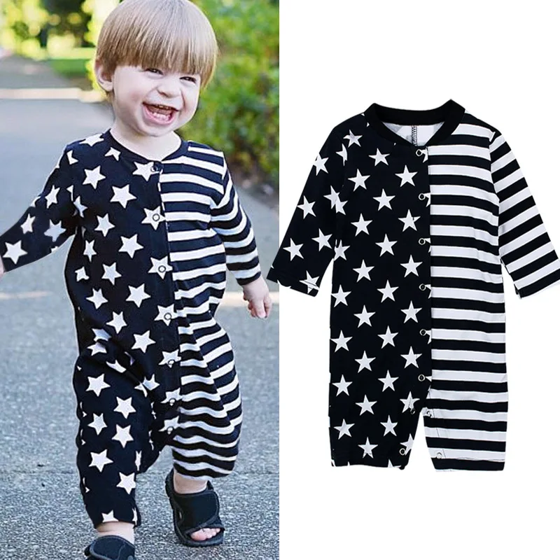 

Baby Jumpsuit Boy Spring And Autumn Long Sleeves Bodysuit Round Neck Star Stripe Pattern Romper Children's Clothing