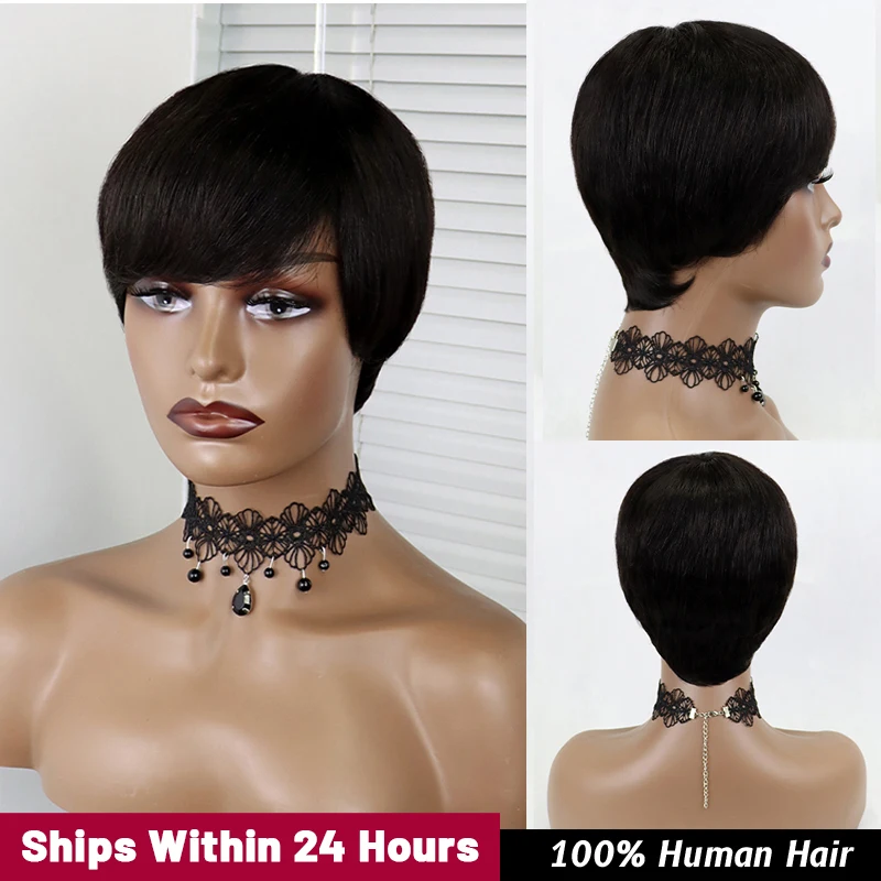 

Straight Human Hair Bob Wigs For Black Women Remy Short Wigs Human Hair Density Brazilian Pixie Cut Straight Wig With Bangs