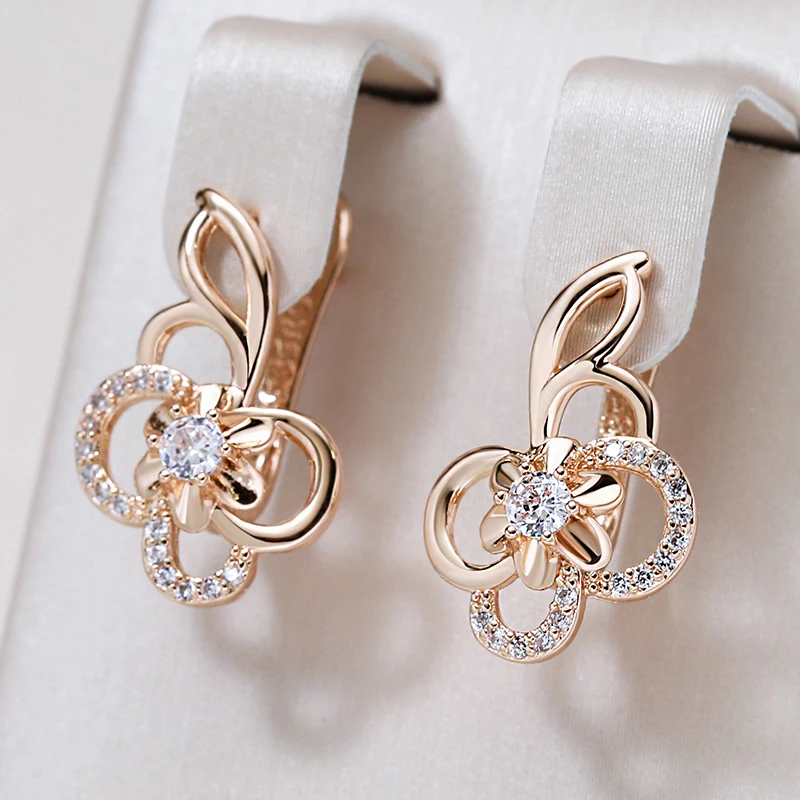 Kinel Trend Cute Hollow Flower 585 Rose Gold Color Natural Zircon Drop Earrings for Women Creative Fashion Girls Daily Jewelry