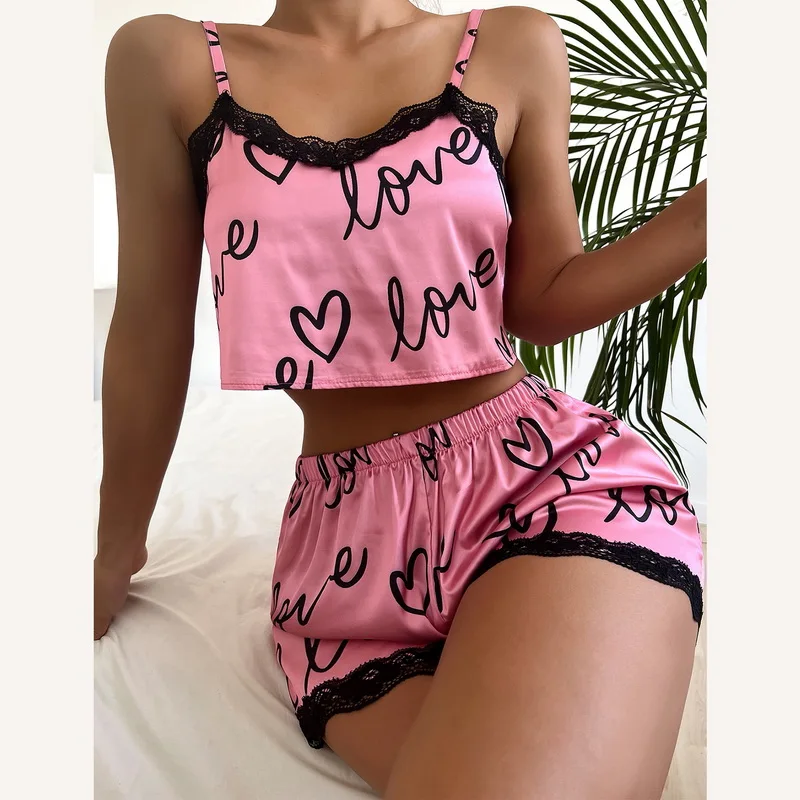 

Пикантный цветочный пижамный комплект, женская одежда для сна из 2 предметов, пижамы, Шелковый Атласный топ на бретельках и шорты, летний пижамный комплект для женщин