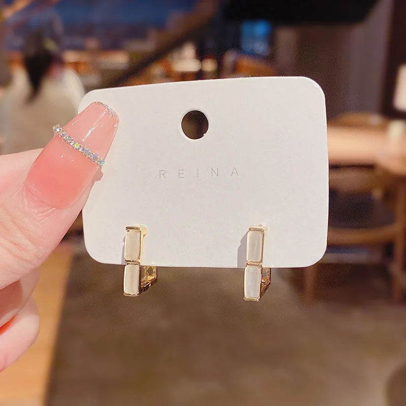 

S925 Silver Needle Geometric Cat's Eye Stone Earrings Simple Temperament Super Fairy Mesh Red Same Earrings