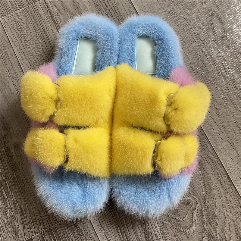 Женские шлепанцы из высококачественного меха норки сандалии на плоской подошве