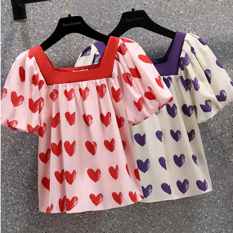 

Oversize U-neck Short Blouses Women 2022 Summer Clothing Fashion Short Sleeve Love Pattern Print Large Shirts Loose Korean Tops