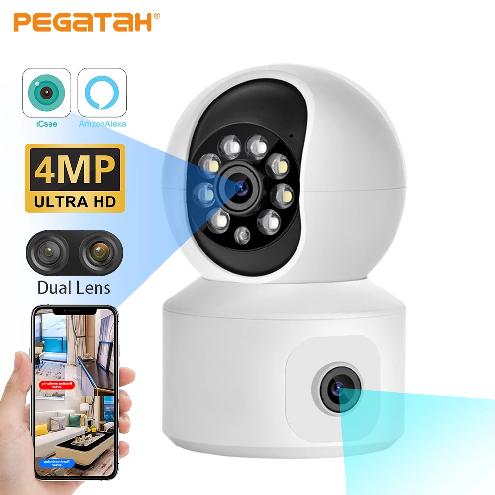 

4-мегапиксельная Wi-Fi PTZ-камера с двойным экраном, Радионяня, автоматическое отслеживание, ночное видение, Домашняя безопасность, IP-камера видеонаблюдения, камера наблюдения