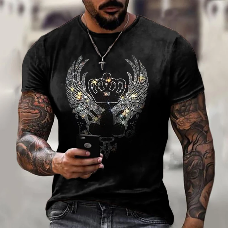 

Quality Men's Fashion Oversized T-Shirts Wing Hot Drill Tee Tops Short Sleeve O-Neck Rhinestone Street Men Clothing Tshirt Y2K