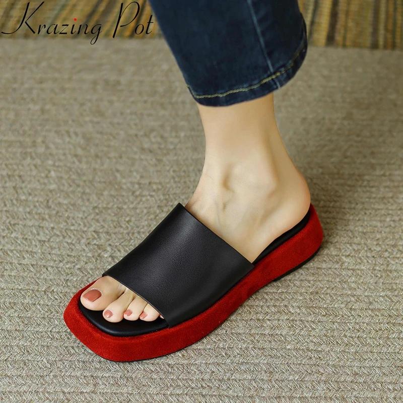 

Krazing Pot 2023 Summer Slides Full Grain Leather Thick Bottom Platform Young Lady High Quality Brand Women Outside Slippers L95