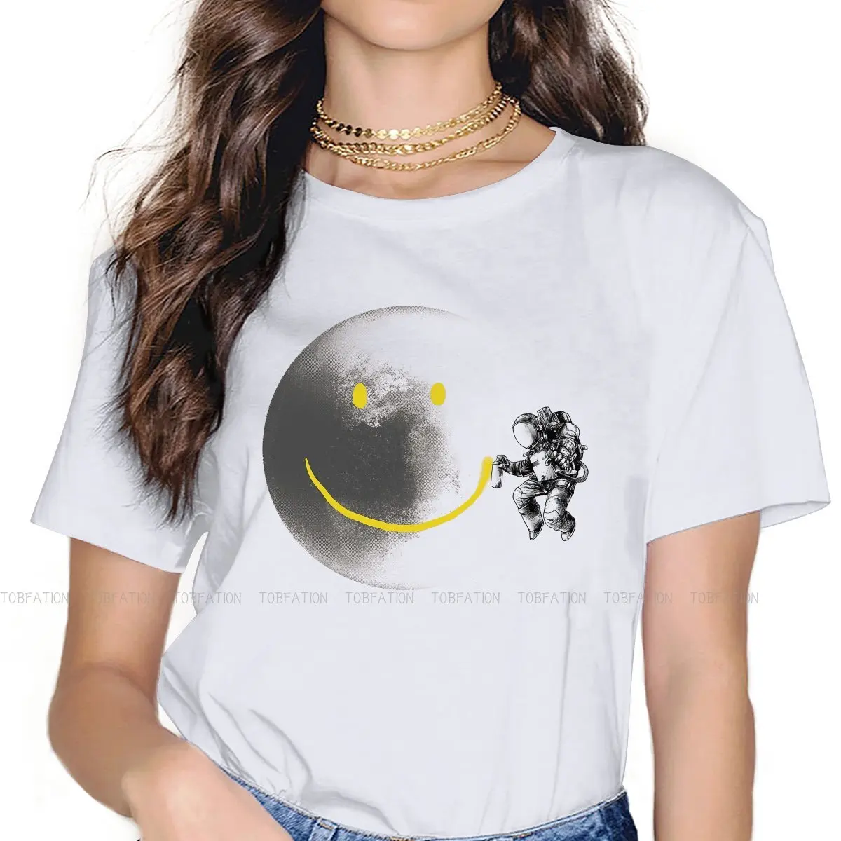 

Make A Smile 5XL TShirts Astronaut Female Style Tops T Shirt O Neck Big Size