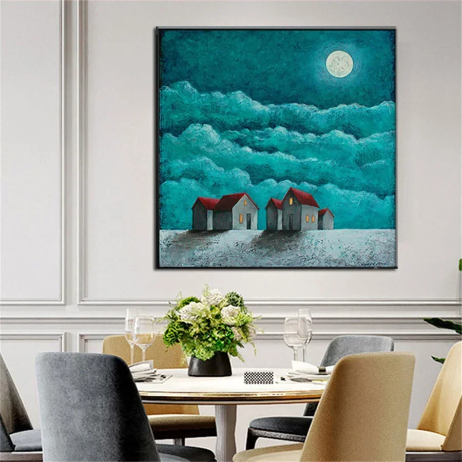 

100% Hand-Painted Abstract Oil Paintings Wall Art Ainting Country Pastoral Moon Canvas Mural Manor Landscape Picture Decor Home