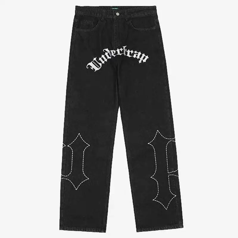 

Y2K-pantalones vaqueros de estilo retro para hombre y mujer, jeans negros de estilo hip hop vibe, sueltos, con estampado