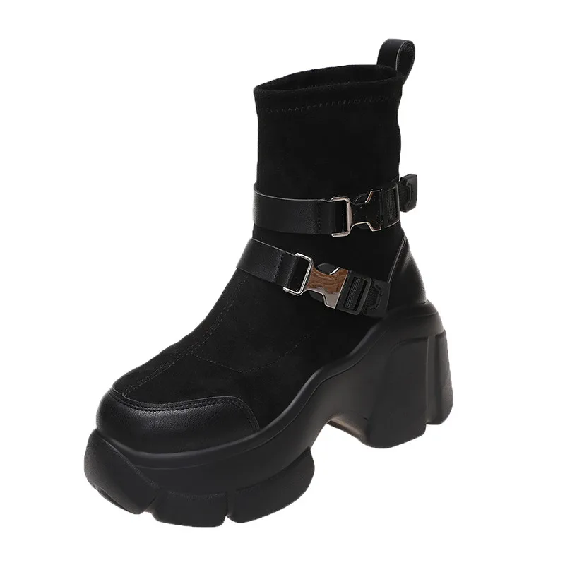 

Женские ботинки на платформе и высоком каблуке, зимние замшевые кожаные короткие ботинки-носки на толстой подошве, женские нескользящие мо...