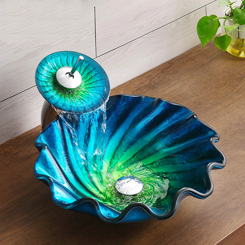 

Flower Shape Tempered Glass Bathroom Washbasin Pedestal Basin Italian-style Art Countertop Washroom Waterfall Sink With Drainer