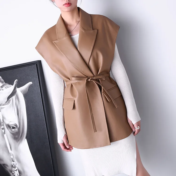 2022 Autumn and Winter New Women Belt Thin Casual Vest Mid-Length Genuine Sheepskin Leather Jacket E18