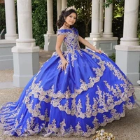 blue quinceanera dresses ball gown puffy tulle gold appliques v neck off shoulder vestidos de 15 a%c3%b1os sweet 16 party dress