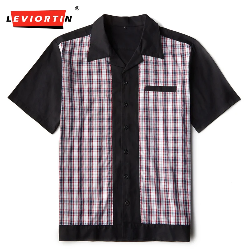 

Retro Hombre Bowling Dress Male Shirts Patchwork Plaid Shirts Men's Blouse Short Sleeve Casual Button Down Shirts Camiseta