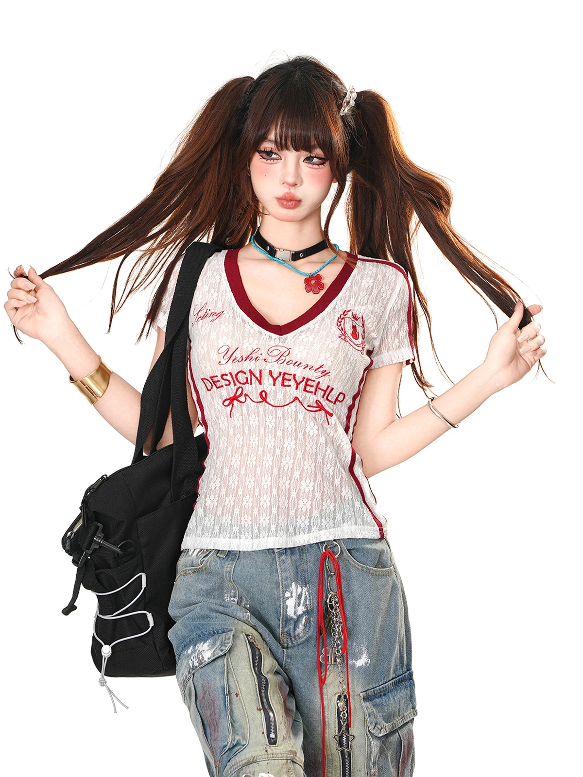 Микропрозрачная кружевная футболка с v-образным вырезом и вышивкой женский топ