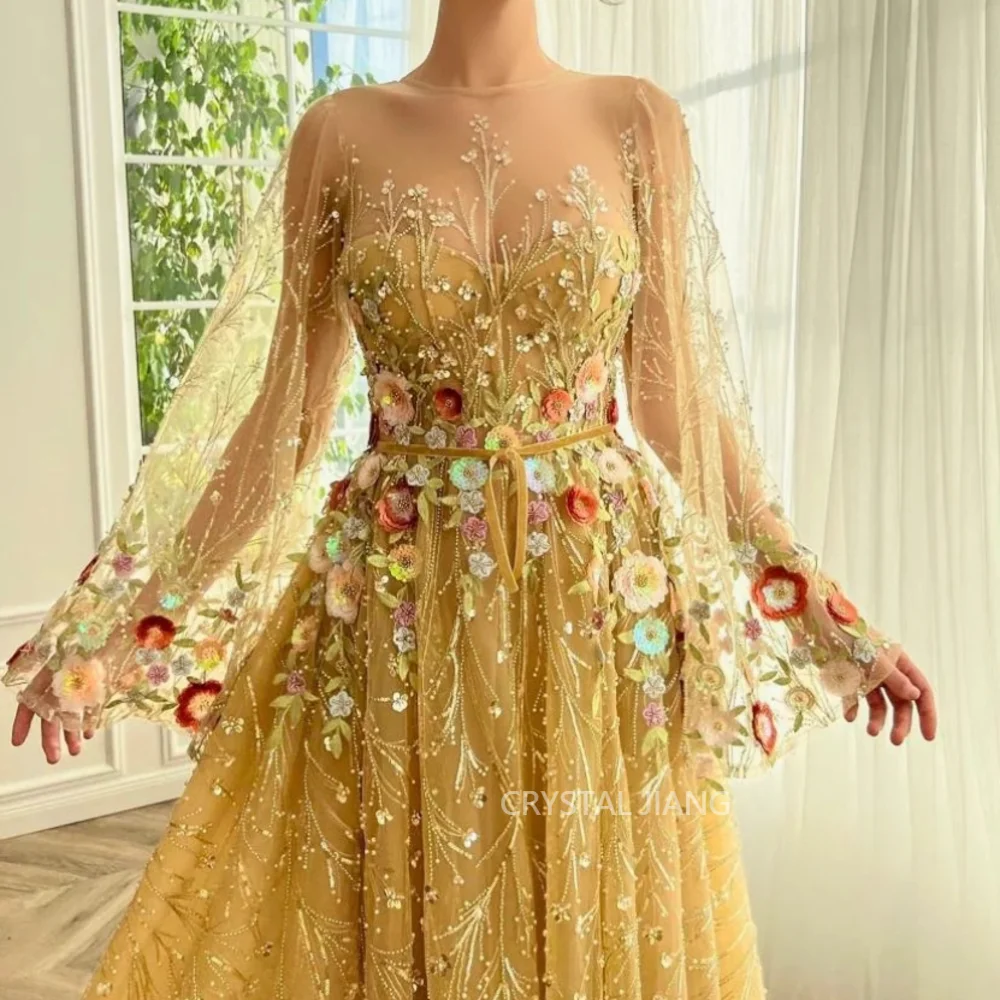 

Gold Long Prom Dress O Neck Full Sleeves Lace Embroidery A Line Silhouette Sweep Train فساتين نسائيه سهره