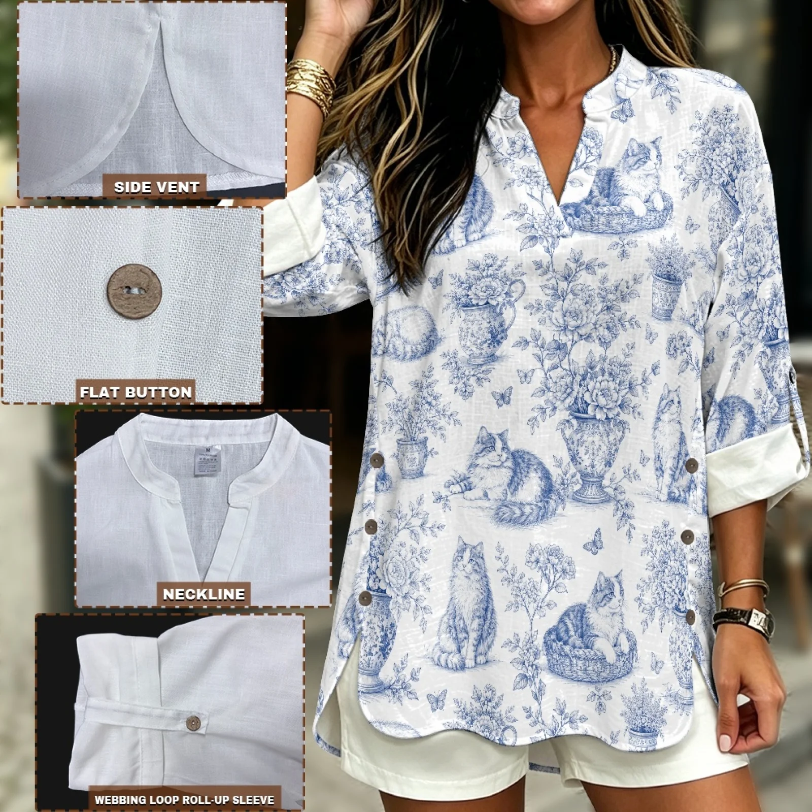 Фото PENSTROLL Blue Cat Toile Льняная блузка с длинным рукавом для женщин, свободного кроя, мягкие женские топы с длинным рукавом. №4