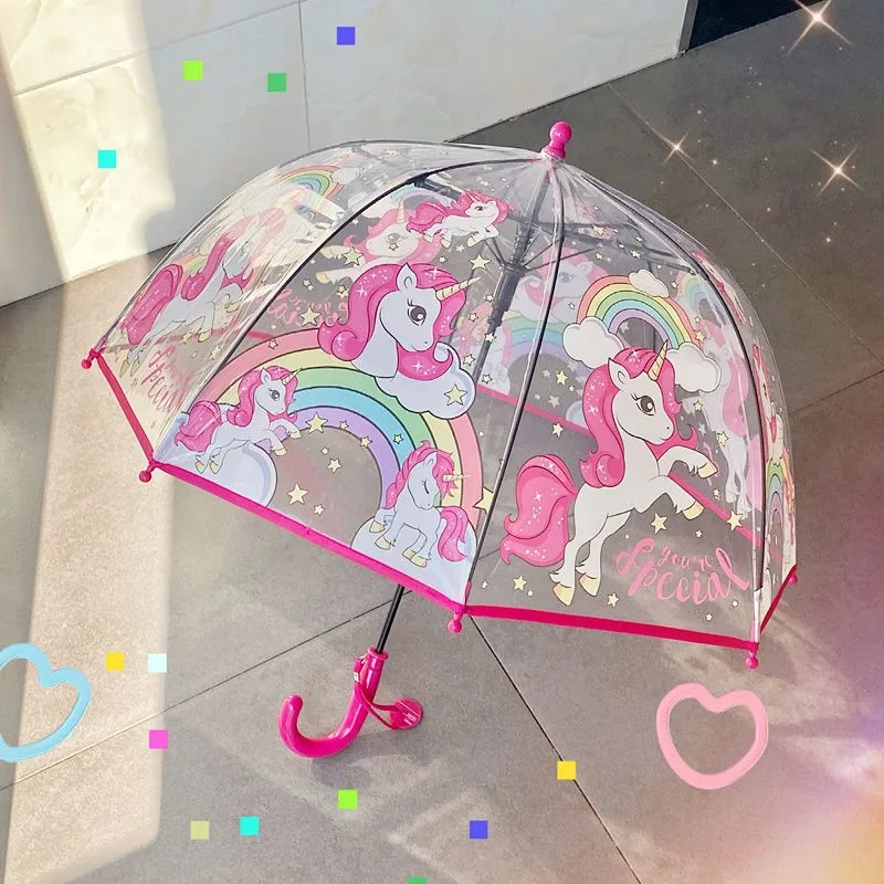 Unicorn Children's Transparent Umbrella Girl Princess Arch Kindergarten Baby Boy Long Handle Umbrella Cute Cartoon