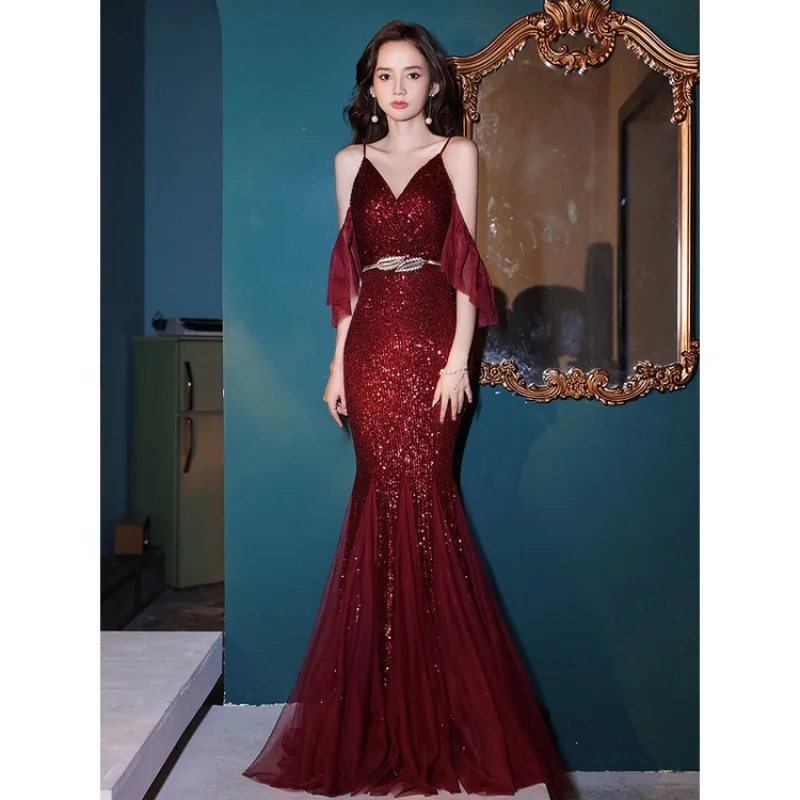 

evening dress sexy thin fish tail host female annual conference dignified wedding dress