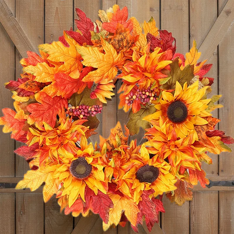 

HOT-Artificial Sunflower Maple Leaf Wreath Festival Wreath Door Hanging Thanksgiving Garland Window Harvest Door Decor