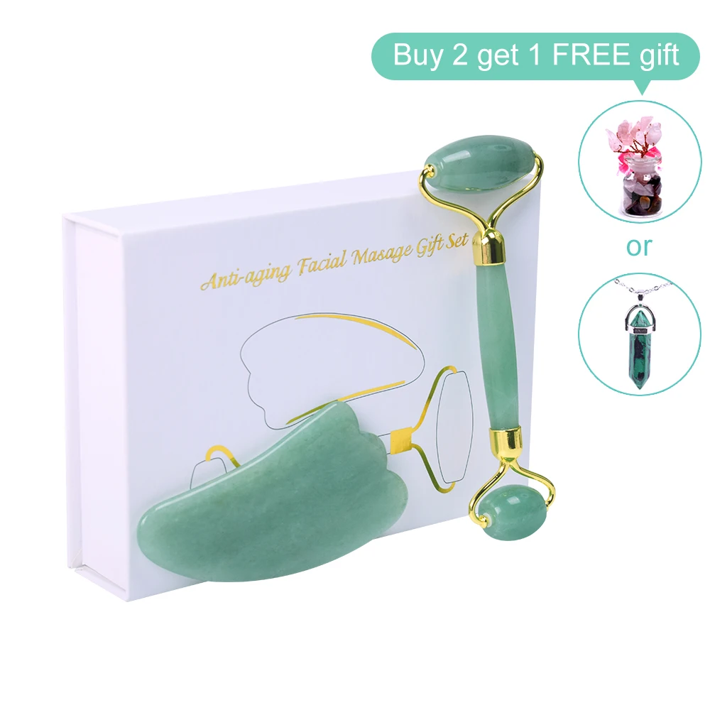 Green Jade Roller Massager Gouache Scraper Set Natural Crystal Stone Gua Sha Board Skin Care Beauty Tool