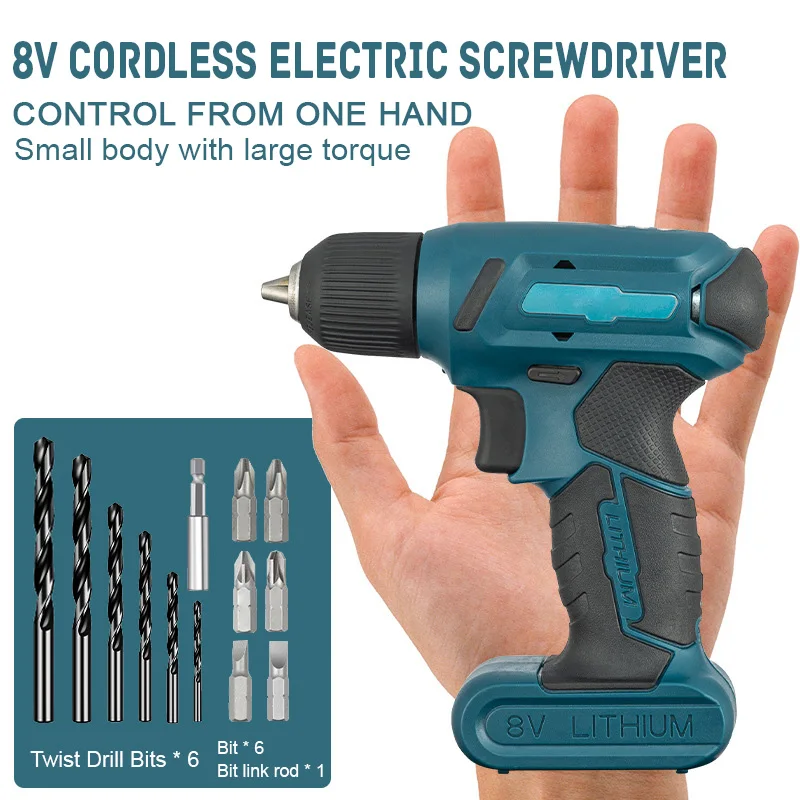 

8V Electric Screwdriver Cordless Drill Rechargeable Lithium Battery Variable Speed Torque Power Mini Wireless Power Driver Tools