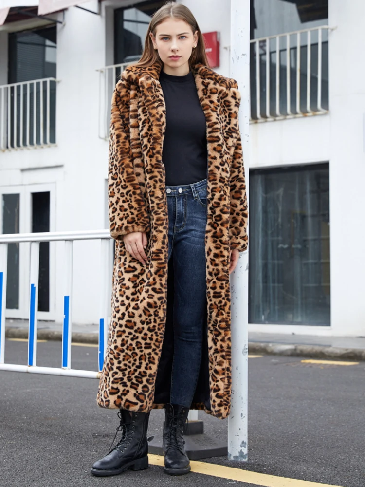 Winter Casual Leopard Print Faux Fur Coats Women 2022 Fashion Warm Mid-long Plush Outerwear Faux Rabbit Fur Fuzzy Coat Streetwea