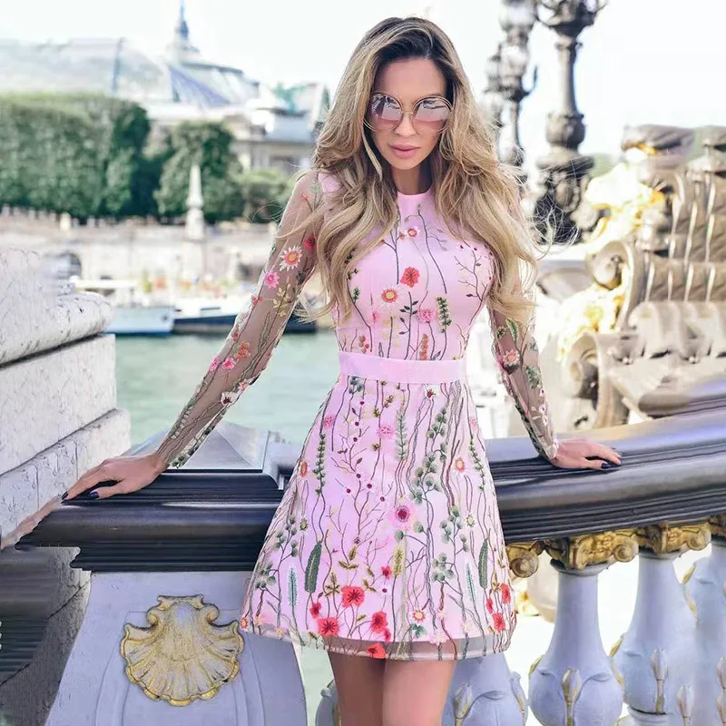 

2023 Dress New High Waist Floral Sexy Mesh Long Sleeve Print Dress