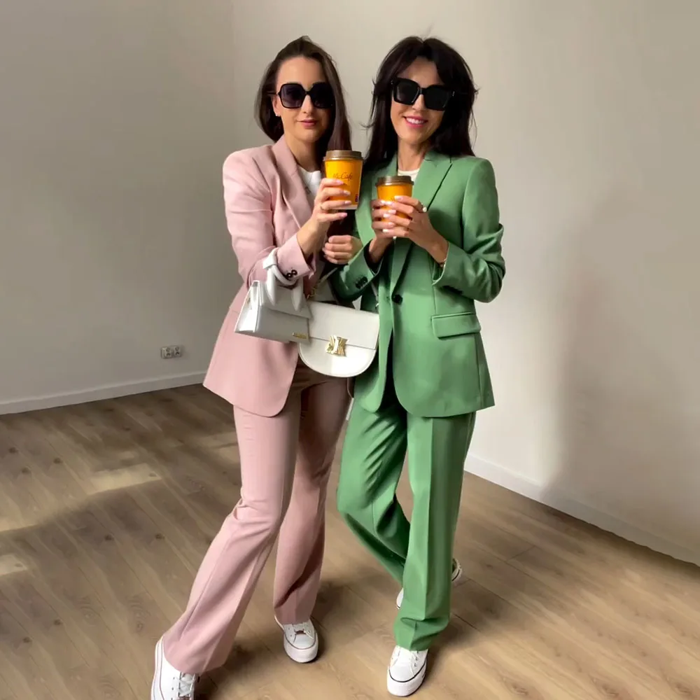 2023 New Office Ladies Suit  Fashion Solid Color Two Pieces Set V-Neck Long Sleeve Chic Blazer+ Wide Leg Pants Spring and Autumn