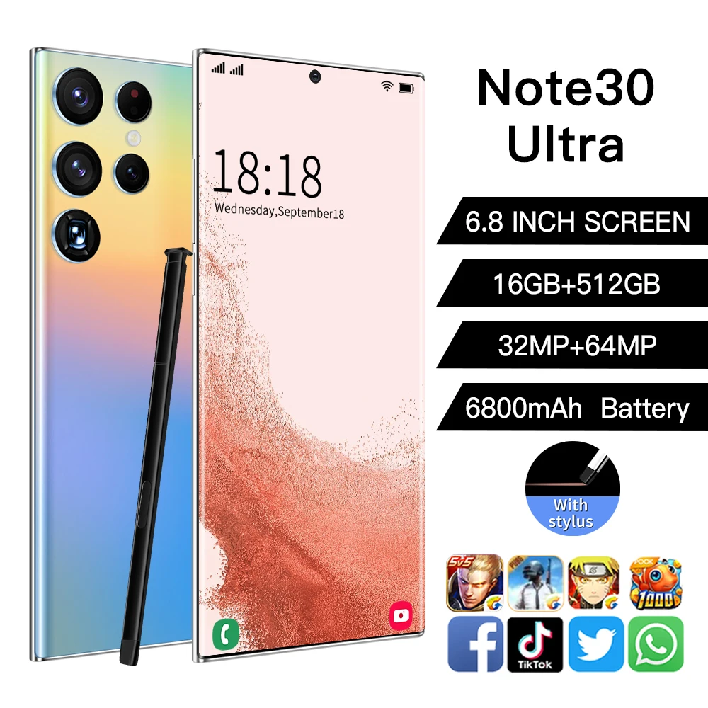 

Note30Ultra 6.8 Inch 1400*3200 16+512GB 32MP+64MP 6800mAh Android 12 Smart Phone E Pen Dimensity 9000 Face Unlock Cellphones