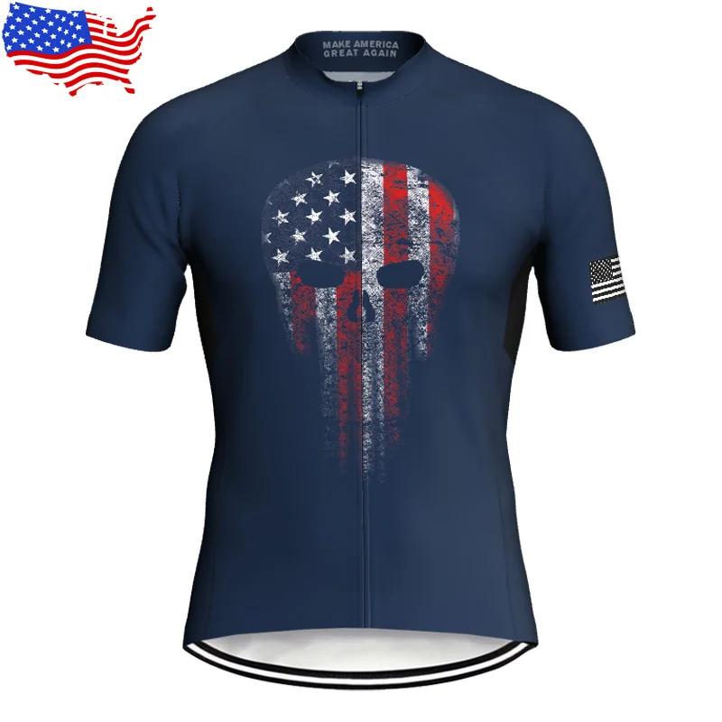 

Cycling Jersey USA Flag Bike Shirt American Bicycle Blue Skull Clothing Cyclist Wear States Motocross Outdoor Mountain Road Cool