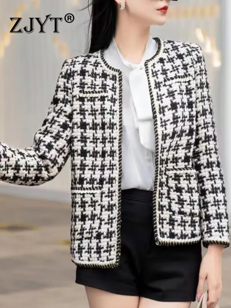 

ZJYT Fashion Autumn Woolen Jackets for Women 2022 Designer Luxury Winter Coats Geometric Vintage Elegant Short Outerwear Female