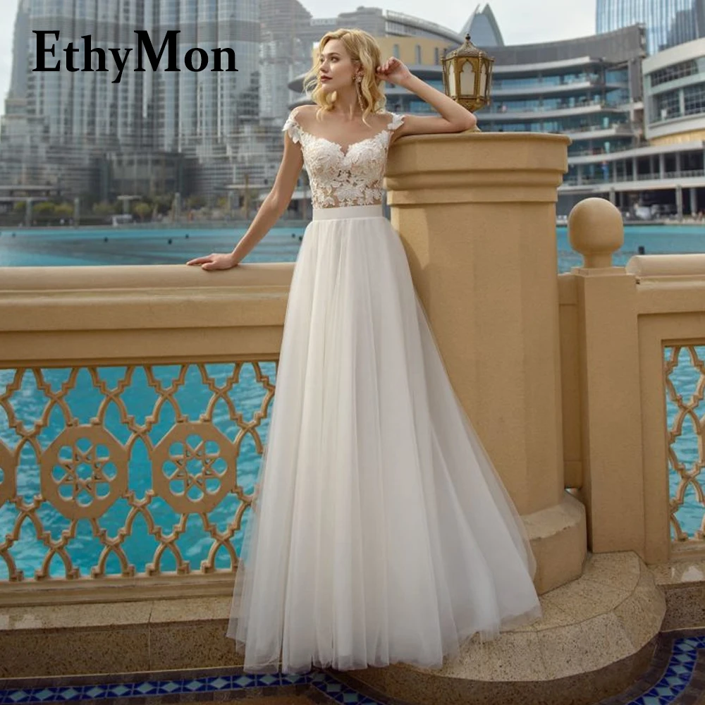

Ethymon O-Neck Wedding Dresses 2023 Bride Off the Shoulder Button Short Sleeve A-LINE Appliques Custom Made Vestido De Casamento