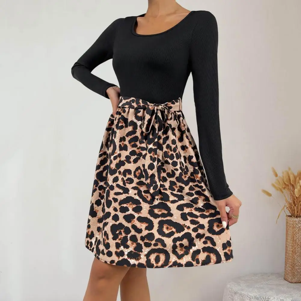 

Vacation Dress Waist Tight Knee Length Loose Hem Autumn Leopard Patchwork Hem A-Line Midi Dress Casual Dress Streetwear