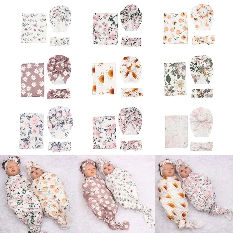 

3 Pieces Newborn Baby Floral Print Swaddle Wrap Knotted Beanie Hat Bowknot Headband Set Infant Receiving Blanket Shower 85DE