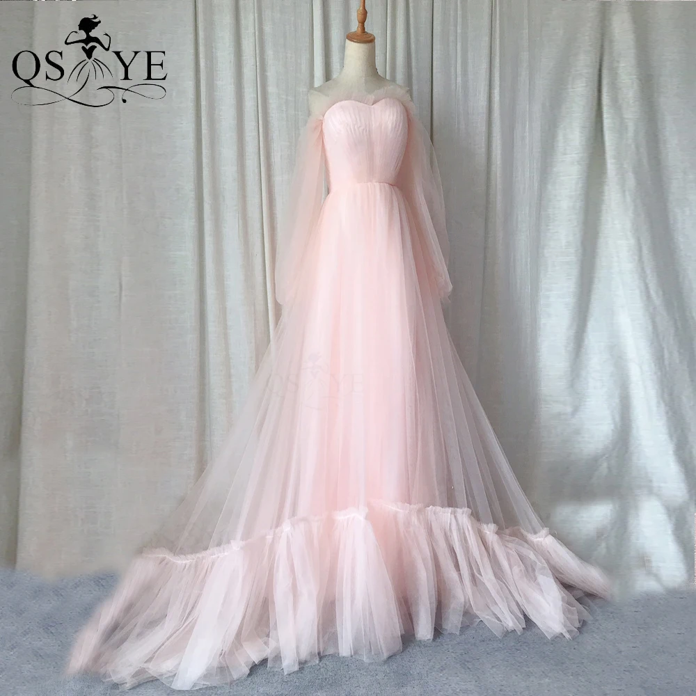 

Простое розовое платье для выпускного вечера, ТРАПЕЦИЕВИДНОЕ вечернее платье из тюля с открытыми плечами и длинными рукавами, плиссированн...