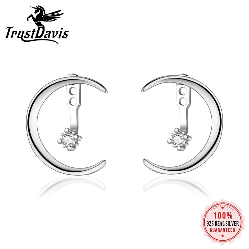 

TrustDavis Genuine 925 Sterling Silver Fashion Moon Shiny CZ Stud Earrings For Women Wedding Party Fine Jewelry Gift DS1872